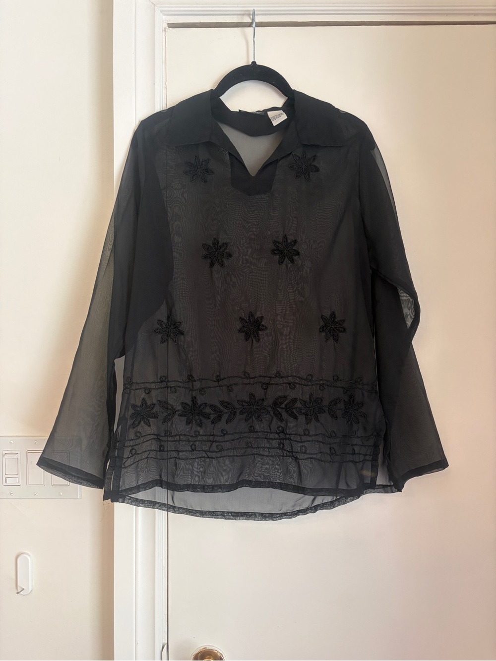 Vintage Sheer Black Floral Embroidered Women's Blouse